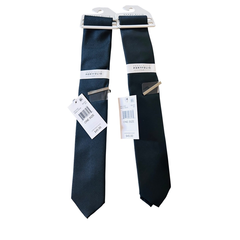 Perry Ellis Portfolio Slim Tie Mens Black NEW Solid Sable With Tie Bar Set of 2